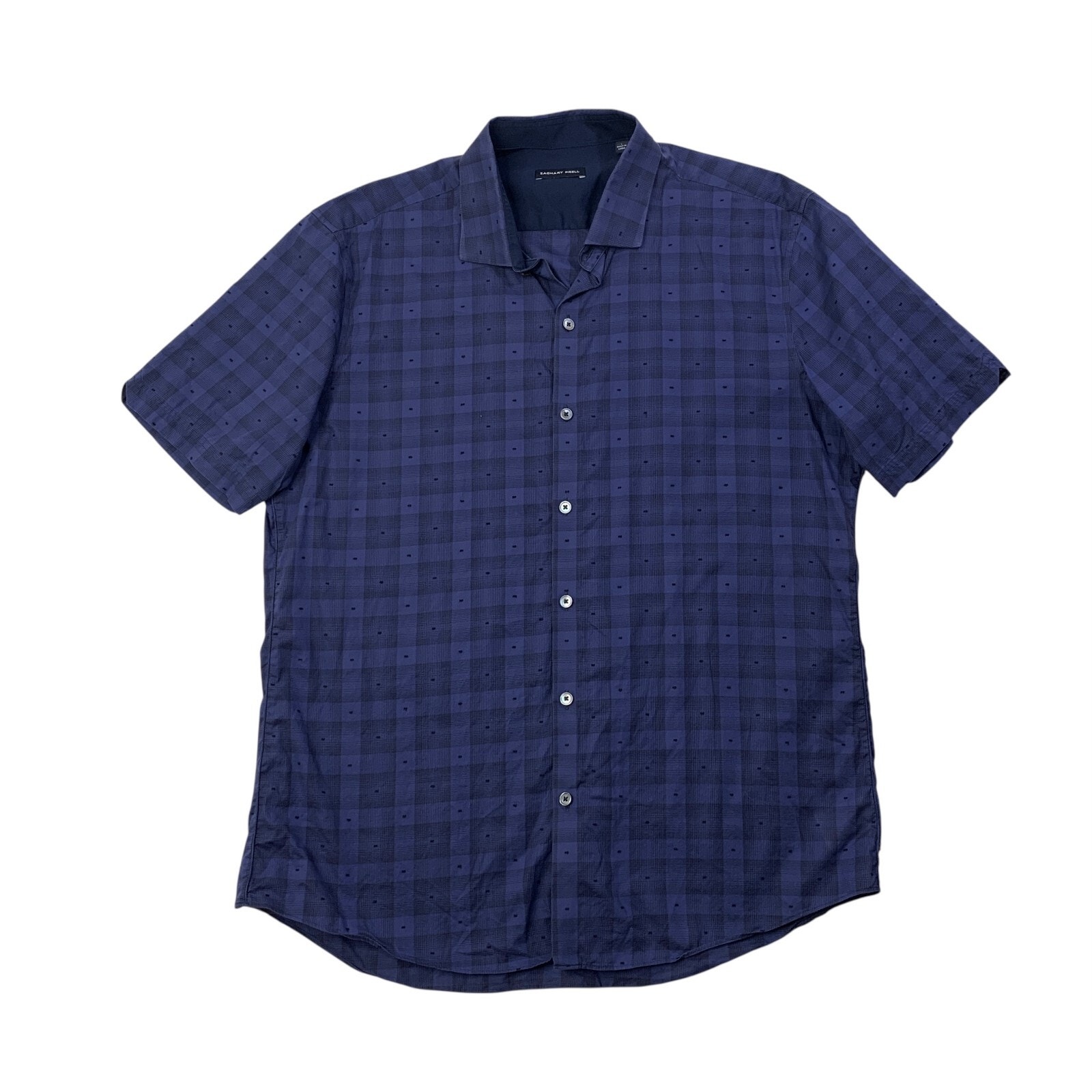 Zachary Prell Shirt Mens L Large Deep Blue Navy Plaid Button Up Dropcut Hem